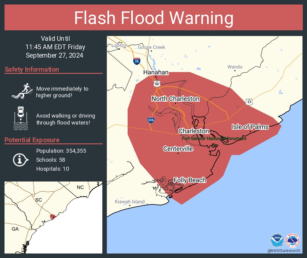 NWSFlashFlood's tweet photo. Flash Flood Warning including Charleston SC, North Charleston SC and  Mount Pleasant SC until 11:45 AM EDT https://t.co/3K4Alxi7vw