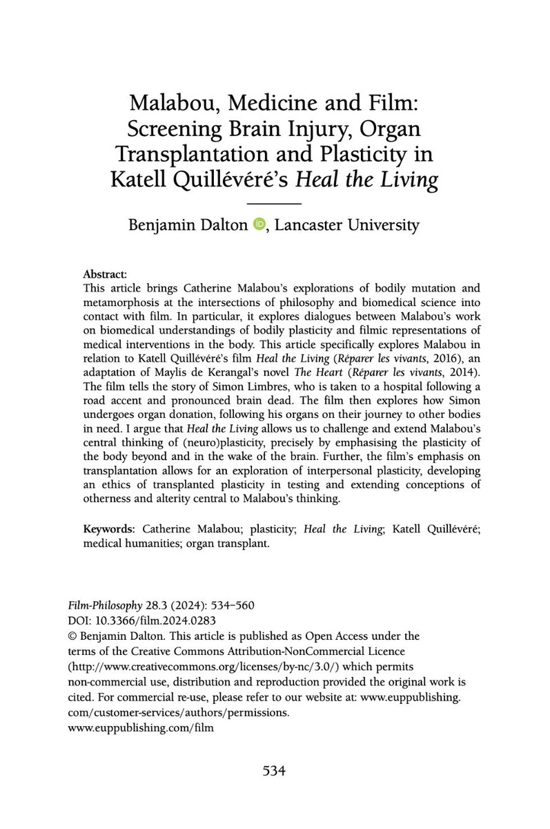 BenBGDalton's tweet photo. The Special Issue includes my article "Malabou, Medicine and Film: Screening Brain Injury, Organ Transplantation and Plasticity in Katell Quillévéré's Heal The Living". This explores interactions between Malabou &amp; cinematic representations of healthcare through medical humanities https://t.co/wL9mafB7mJ