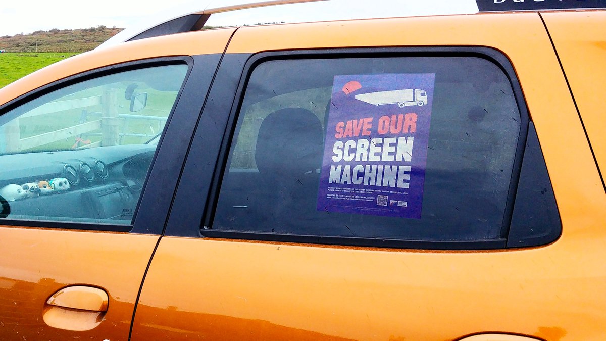 screen_machine's tweet image. We've sent out posters to spread word about our campaign. On #Gigha, our usher Marion has it in her car window, while Isobel, our usher in #Brodick, put it in the golf shop. Where have you spotted one of our posters?

Visit crowdfunder.co.uk/p/save-our-scr… to donate. #saveourscreenmachine