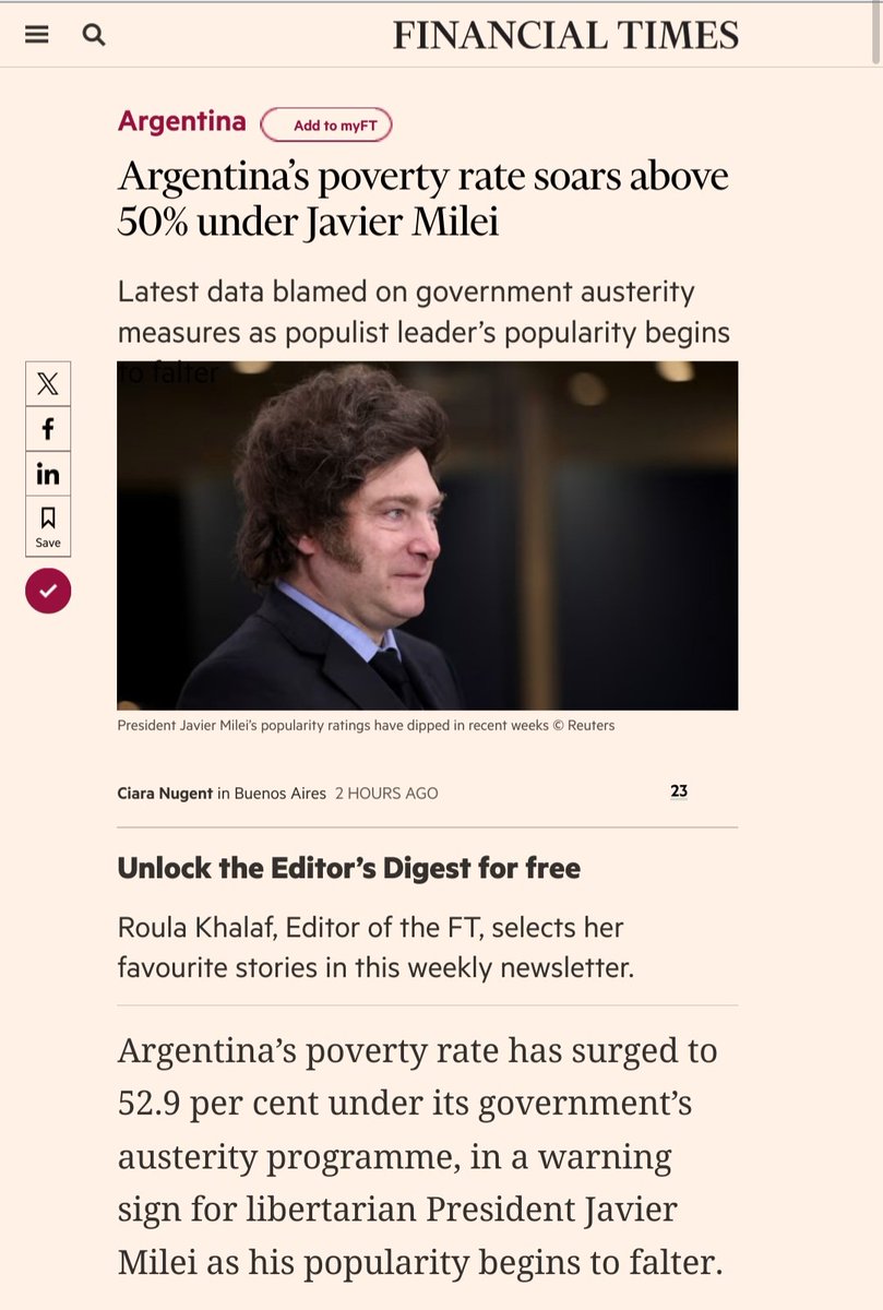 53% of people in Argentina are now suffering in poverty, under libertarian President Javier Milei.

Annual inflation is c 240%. 136,000 jobs have been lost.

Just 40% of Argentines have a positive view of Milei.

This is actually existing libertarianism.
ft.com/content/ccaeb4…