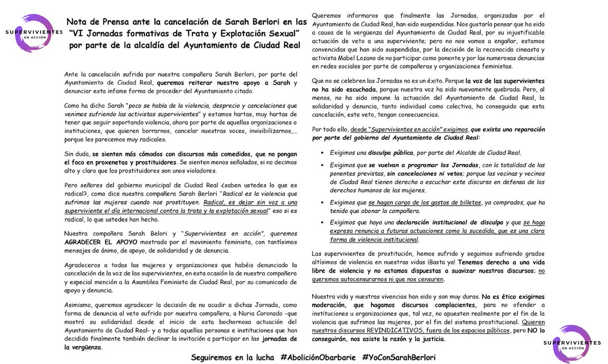 Supervivientes en Acción ♀️💥♀️💥♀️ (@supenac_) on Twitter photo Desde Supervivientes en acción <a href="/Supenac_/">Supervivientes en Acción♀️💥♀️</a> hemos emitido una nota de prensa contando lo sucedido, en apoyo a nuestra compañera <a href="/SaberloriSARA/">SARAH BERLORI ♀️XX♀️💜🤍💚</a> y agradeciendo a quienes se han solidarizado con ella por el veto del <a href="/AYTO_CIUDADREAL/">AYTO_CIUDAD REAL</a>
Aquí enlace a la NdP 👇👇👇
acortar.link/DhGzoI Desde Supervivientes en acción <a href="/Supenac_/">Supervivientes en Acción♀️💥♀️</a> hemos emitido una nota de prensa contando lo sucedido, en apoyo a nuestra compañera <a href="/SaberloriSARA/">SARAH BERLORI ♀️XX♀️💜🤍💚</a> y agradeciendo a quienes se han solidarizado con ella por el veto del <a href="/AYTO_CIUDADREAL/">AYTO_CIUDAD REAL</a>
Aquí enlace a la NdP 👇👇👇
acortar.link/DhGzoI