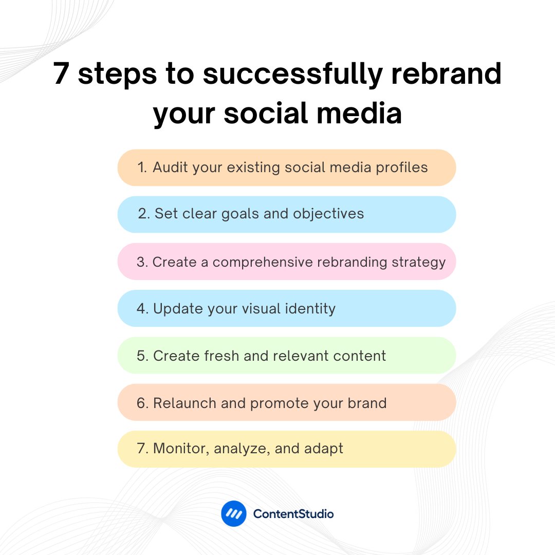 ContentStudioio's tweet image. Rebranding your social media can feel overwhelming, but breaking it down into actionable steps makes it manageable.  😊

Follow these 7 steps to rebrand your social media and watch your engagement soar successfully! 🚀 

#SocialMediaRebrand #BrandingTips #ContentStudio