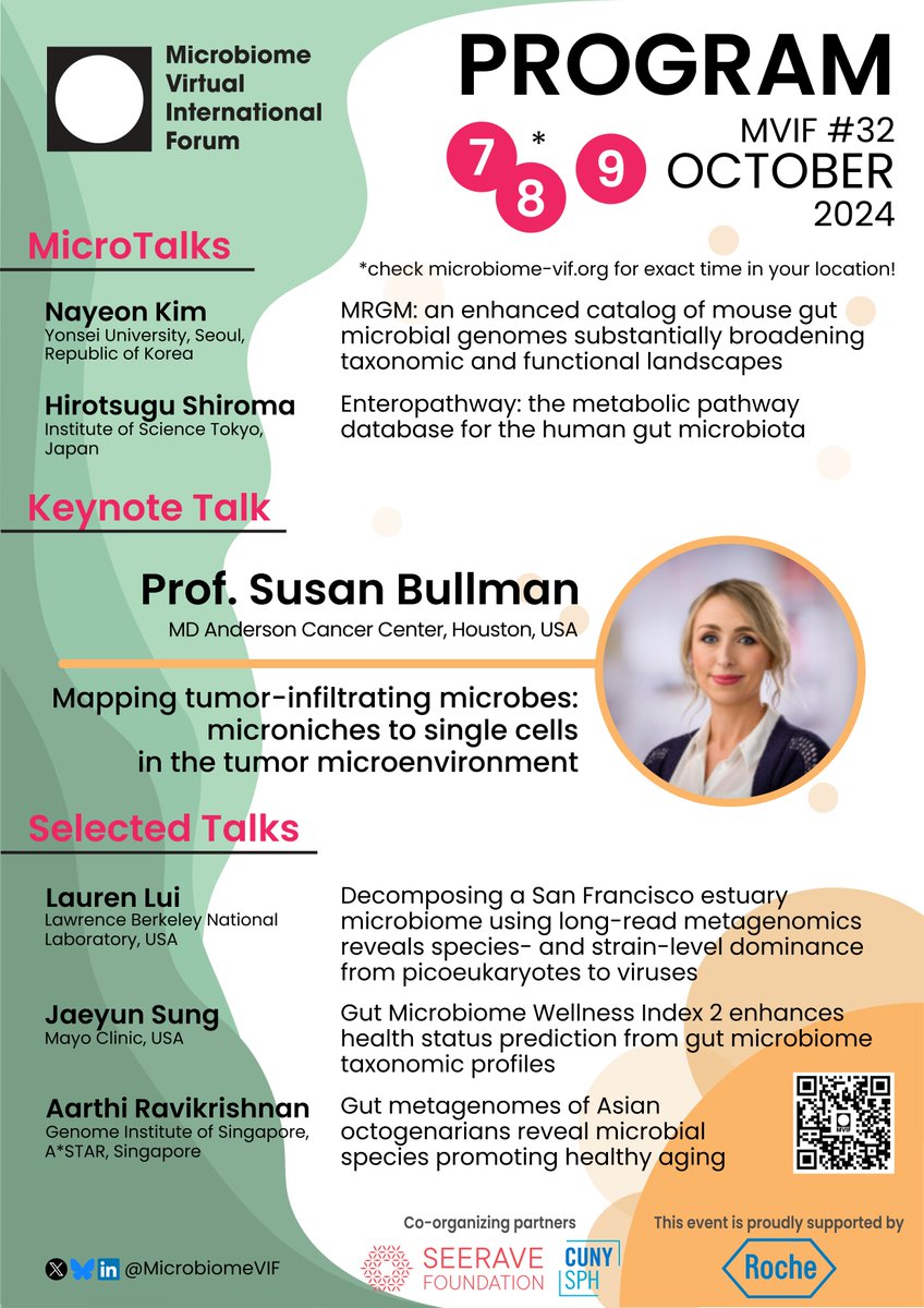 Microbiome Virtual International Forum (@microbiomevif) on Twitter photo It's Friday!
...and #MVIF 32 program is out! 🤩
⭐️MicroTalks:
Nayeon Kim (Lee & @BelenkyLab)
Hirotsugu Shiroma (<a href="/takujida/">takujida</a>)
⭐️ Keynote:
Susan Bullman <a href="/BullmanLab/">Susan Bullman</a>
⭐️Selected talks:
<a href="/laurenmlui/">Lauren Lui</a>
<a href="/aarthiravikrish/">Aarthi Ravikrishnan</a>
<a href="/jsung0906/">Jaeyun Sung, PhD</a>
microbiome-vif.org/en-US/-/future… It's Friday!
...and #MVIF 32 program is out! 🤩
⭐️MicroTalks:
Nayeon Kim (Lee & @BelenkyLab)
Hirotsugu Shiroma (<a href="/takujida/">takujida</a>)
⭐️ Keynote:
Susan Bullman <a href="/BullmanLab/">Susan Bullman</a>
⭐️Selected talks:
<a href="/laurenmlui/">Lauren Lui</a>
<a href="/aarthiravikrish/">Aarthi Ravikrishnan</a>
<a href="/jsung0906/">Jaeyun Sung, PhD</a>
microbiome-vif.org/en-US/-/future…