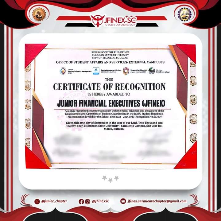 junior_chapter's tweet photo. 𝓡𝓮𝓬𝓸𝓰𝓷𝓲𝓽𝓲𝓸𝓷 𝓓𝓪𝔂!  🥳🎖️

On September 20, 2024, we received this Certificate of Recognition, marking another chapter of excellence, growth, and unity. 

Check the full post here: https://t.co/27HiNf5Fil

#RecognitionDay
#JFinExSC
#ToExcelIsOurGreatestDuty https://t.co/X0gLGPaAf8