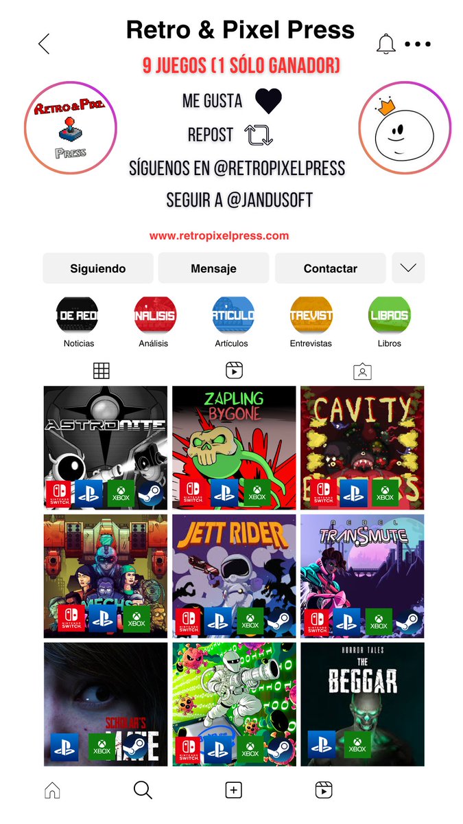 🎆 ¡Ya se que estáis todos de <a href="/IndieDevDay/">IndieDevDay</a> hoy, pero aquí sigue la celebración! #sorteo

Hoy <a href="/JanduSoft/">JanduSoft - Porting & Publishing</a> nos regala 9 juegos que tendrán 1 solo ganador (plataforma a elegir de las disponibles en cada título).

Condiciones:
❤️Me gusta  
🔁Repost 
✖️Seguirnos
✖️Seguir a <a href="/JanduSoft/">JanduSoft - Porting & Publishing</a>