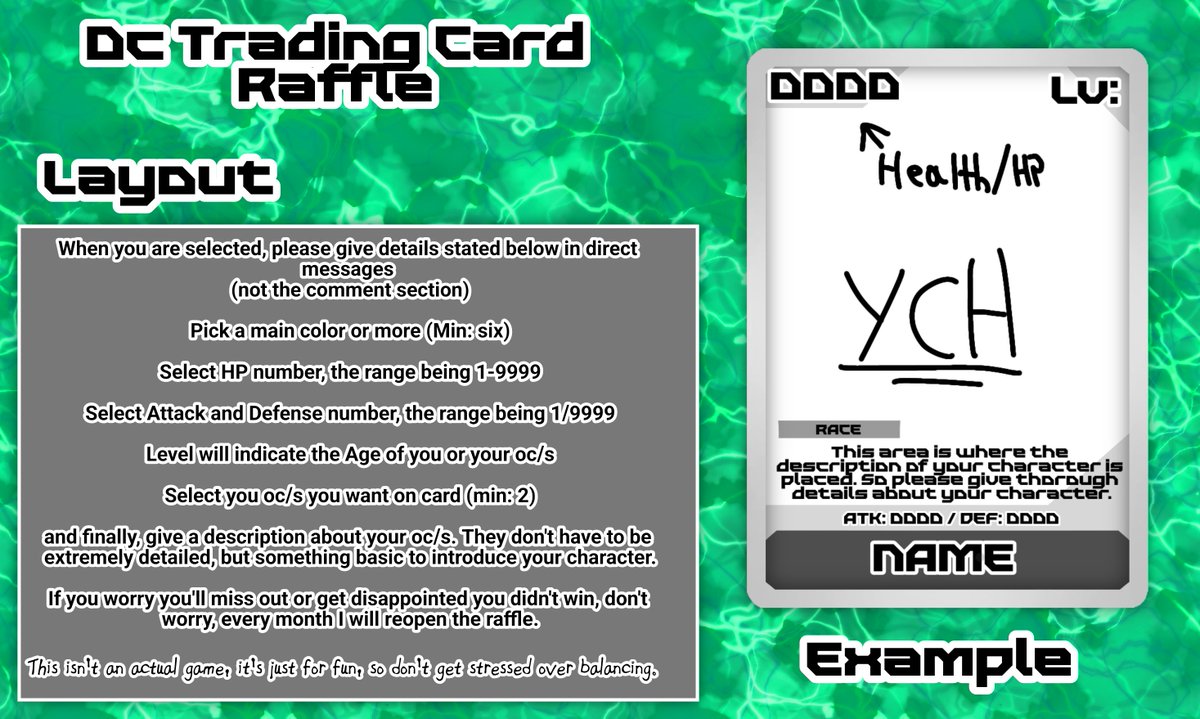Tramare45's tweet photo. 🃏TRADING CARD RAFFLE🃏  ❤️ + 🔁 for entry  {3 Winners}  Rules: Comment your oc/s (min)  Sfw refs in section. If NSFW, dm them to me when you've been selected  There will be a 32-hour queue time.  Good luck, everyone! https://t.co/6n5SDrN5HH