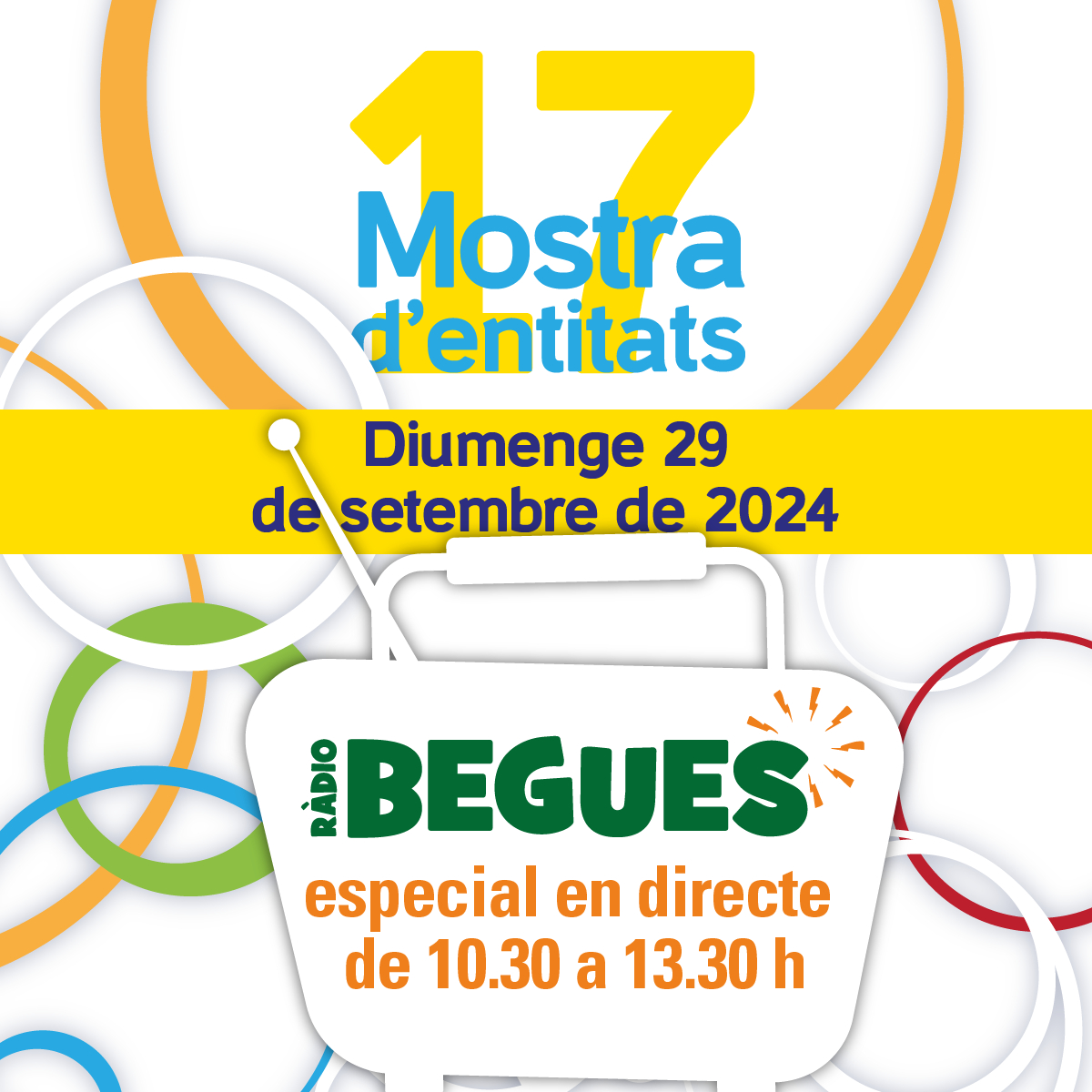 📻 Diumenge, segueix en directe el programa especial que farem amb motiu de la 17a Mostra d'Entitats de #Begues

🎙 I, si no pots venir, segueix-nos en directe a ➡️ 🔗 alacarta.radiobegues.cat ⬅️ i gaudeix de la festa grossa del teixit associatiu del teu municipi!

#mostrabegues