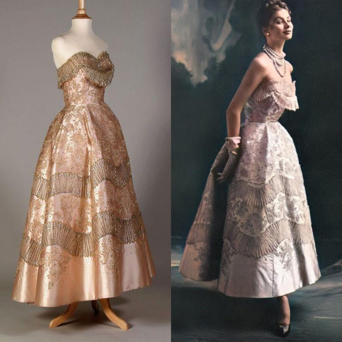 vickyhaddock's tweet photo. French fashion designer Jean Patou was born #OnThisDay in 1887. This strapless pink satin evening dress, embellished with embroidered beige lace, net, and beads and rhinestones, was designed for the House of Patou in c. 1950-53. From the @KSUMuseum collection. #fashionhistory https://t.co/MJjySos2SX