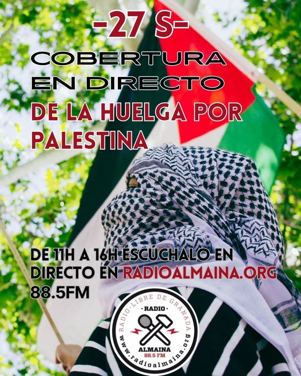 📡Estamos siguiendo en la cobertura de las compañeras de <a href="/radioalmaina/">Radio Almaina</a> en #granada, de la jornada de #Huelga27S 🇵🇸🇱🇧✊

📡En directo🔴
🕐de 11:00h a 16:00h.
🔊Escúchalo en radioelcandil.org/en-vivo/🔴