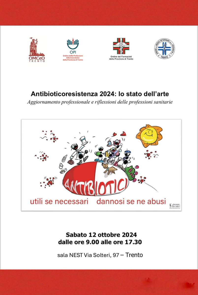 CISMed UniTrento (@unitrentocismed) on Twitter photo 🚨 Save the Date: 12/10/2024 🚨
“ANTIBIOTICO RESISTENZA 2024: lo stato dell’arte.” 🦠
Si discuterà di progressi, criticità e strategie future contro l'#antibioticoresistenza, con il concetto #OneHealth al centro. Organizzato da <a href="/ordinemediciTN/">ordinemediciTN</a>
Per info: buff.ly/47EDmVv 🚨 Save the Date: 12/10/2024 🚨
“ANTIBIOTICO RESISTENZA 2024: lo stato dell’arte.” 🦠
Si discuterà di progressi, criticità e strategie future contro l'#antibioticoresistenza, con il concetto #OneHealth al centro. Organizzato da <a href="/ordinemediciTN/">ordinemediciTN</a>
Per info: buff.ly/47EDmVv