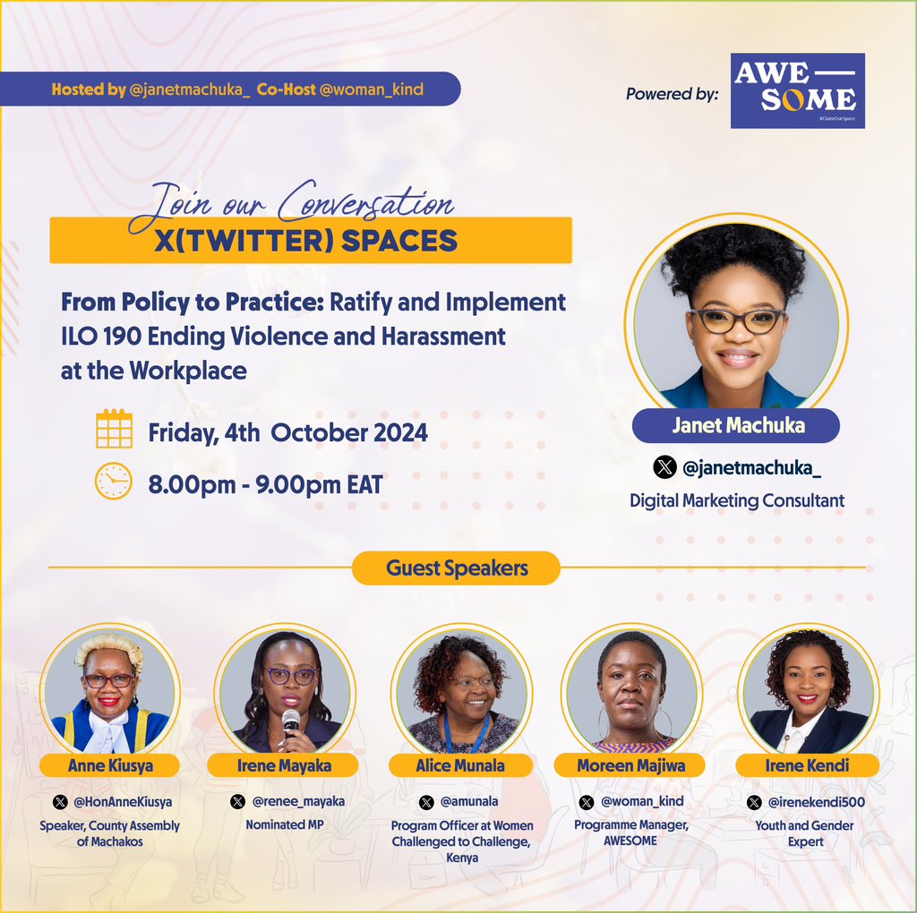 You’re invited to join this conversation in collaboration with <a href="/woman_kind/">Womankind Worldwide</a>. 

🗓️ 4th October
🕙 8PM EAT
📍x.com/i/spaces/1PlKQ… 

Speakers: 
1. <a href="/HonAnneKiusya/">Hon. Anne Kiusya</a>
2. Hon <a href="/renee_mayaka/">Hon. Nyakerario Mayaka</a>
3. <a href="/amunala/">Alice Munala</a>
4. Moreen Majiwa
5. <a href="/irenekendi500/">IRENE KENDI</a> 

Join us, your voice matters. #RatifyC190