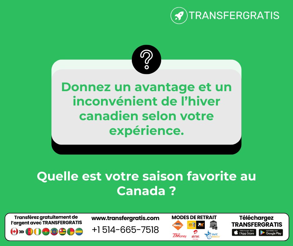 transfergratis's tweet photo. 🟢 𝐏𝐥𝐮𝐬 𝐪𝐮𝐞 𝟐 𝐦𝐨𝐢𝐬 𝐚𝐯𝐚𝐧𝐭 𝐥'𝐚𝐫𝐫𝐢𝐯𝐞́𝐞 𝐝𝐞 𝐥'𝐡𝐢𝐯𝐞𝐫 !
Êtes-vous déjà prêts à affronter cette saison assez complexe de l'année au Canada ?
#Transfergratis #TransfertDargent #Canada #Afrique #hyver #fun https://t.co/JkVOQoPLoZ