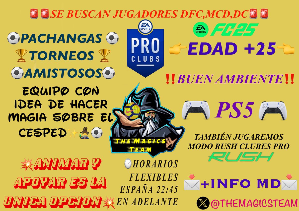 Empezamos hoy!!!Se busca dfc mc y extremo que pueda jugar de dc tambien,somos un club con experiencia,se busca gente con la dinamica de club que tenemos,con respeto,aqui nunca se recrimina nada,let's go⚽️🧙‍♂️
RT  <a href="/_chocolate3000/">AYUDAS FIFA CHOCO3K🐦</a> <a href="/ComunidadClubes/">COMUNIDAD CLUBS 🎮⚽️</a> <a href="/Ayudas_clubes/">Ayudas Clubes</a>  <a href="/AyudanteSports/">AyudanteSports</a>