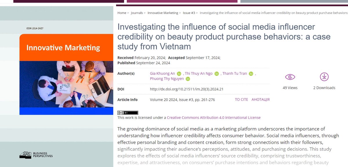 IM_journal_BP's tweet photo. 🔗 https://t.co/SVnUsBJHe2
📝 Investigating the influence of social media influencer credibility on beauty product purchase behaviors: a case study from Vietnam
👥 Gia Khuong An, Thi Thuy An Ngo, Thanh Tu Tran, Phuong Thy Nguyen https://t.co/JVeKD0uVcV