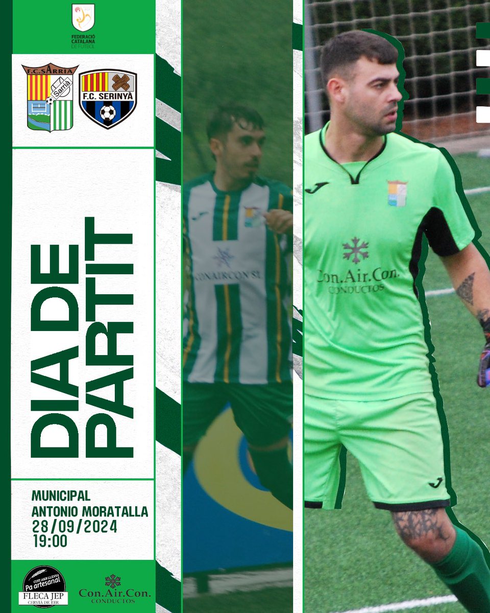 ⚽️ Jornada 2 - Tercera Catalana
  ⚔️ Primer Equip 🆚 <a href="/fcserinya/">Fc Serinya</a> 
📆 Dissabte 28/09
⏰ 19:00h  
📍Camp de futbol Mpal. Antonio Moratalla

💚🤍 Vina animar al primer equip
