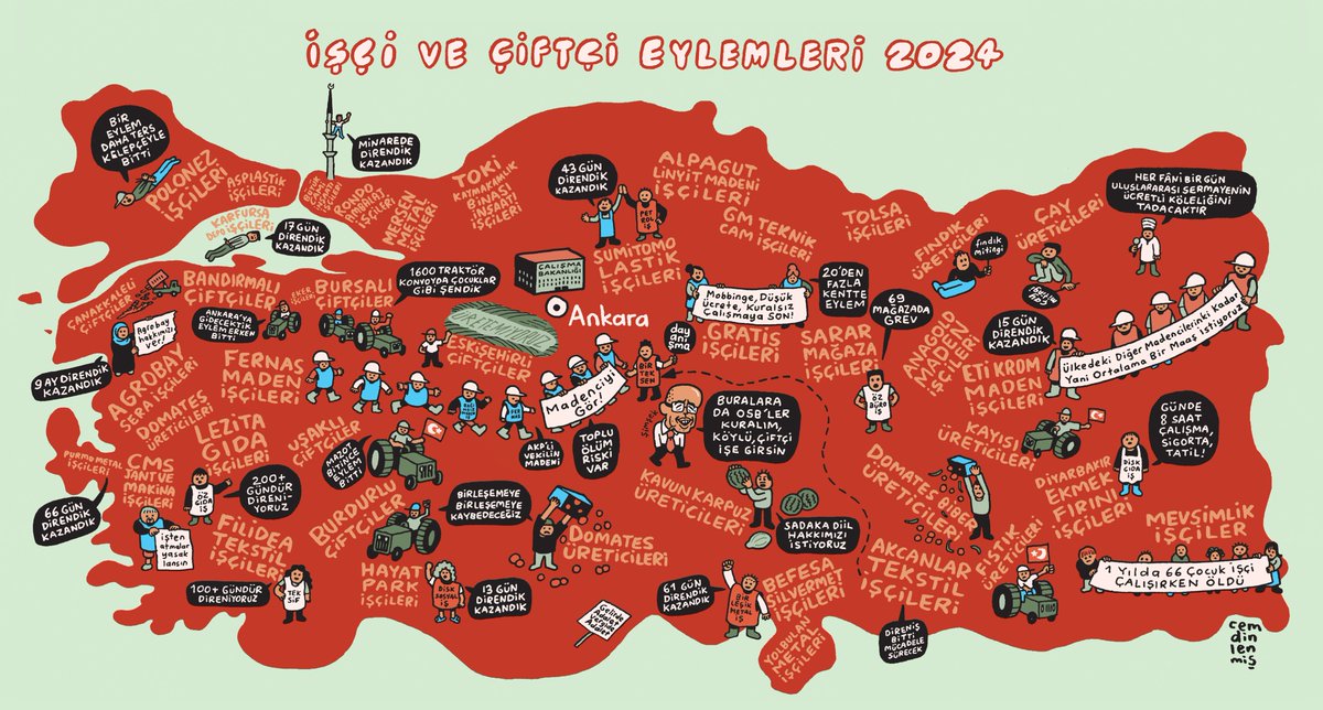 Medya görmüyor olabilir, iktidar kolluk kuvvetlerini patronların yararına tahsis ediyor olabilir ama işçiler tarih boyunca olduğu gibi bu dönemde de vazgeçmiyor, geri adım atmıyor.

<a href="/cemdinlenmis/">Cem Dinlenmiş</a>'ten 2024'ün “Kim nerede direniyor?” haritası