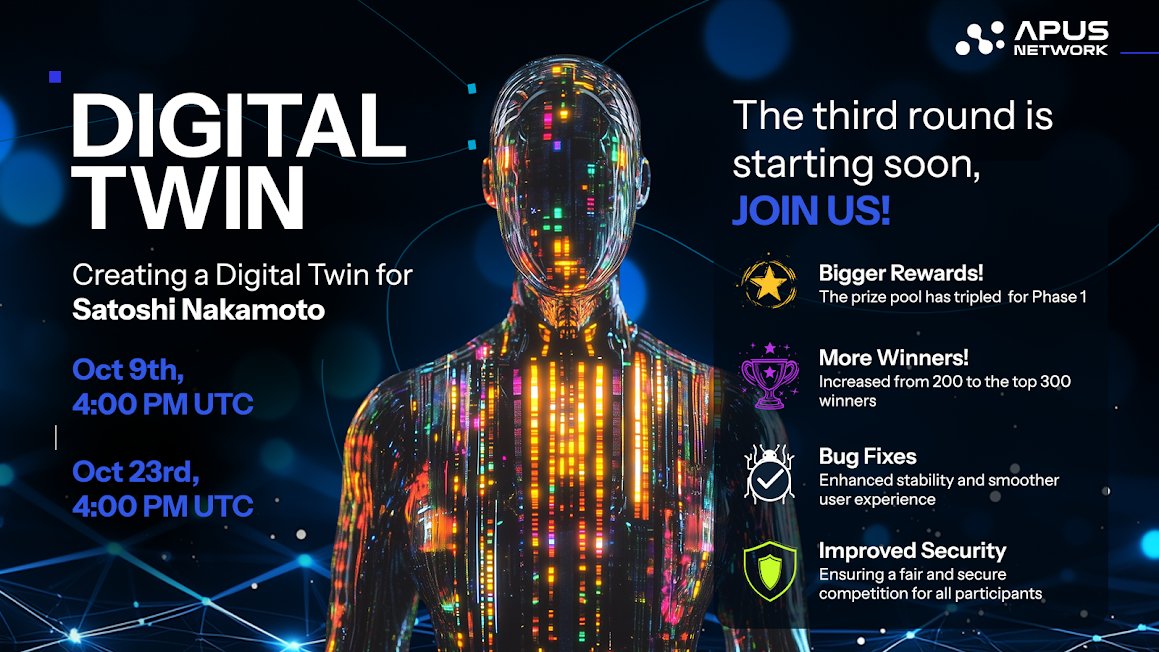 apus_network's tweet image. 🌟 Phase 3 of the Competition Pool is Here! 🌟

🚀 Get ready for a bigger, better, and more exciting competition with triple the rewards! 💰

Join us starting October 9th, 4 PM UTC, and let&apos;s create a Digital Twin of Satoshi Nakamoto! 💻🔗

👑 What’s New in Phase 3?
🏆Bigger…