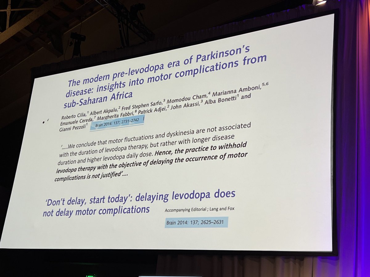 Parkinson’s disease, when to start meds. Don’t delay, start today. Susan Fox nails it in ⁦<a href="/movedisorder/">MDS</a>⁩ plenary Important to share the article ⁦<a href="/Brain1878/">Brain</a>⁩ to show important study looking at Italian persons vs those in Africa without as robust of access to levodopa.