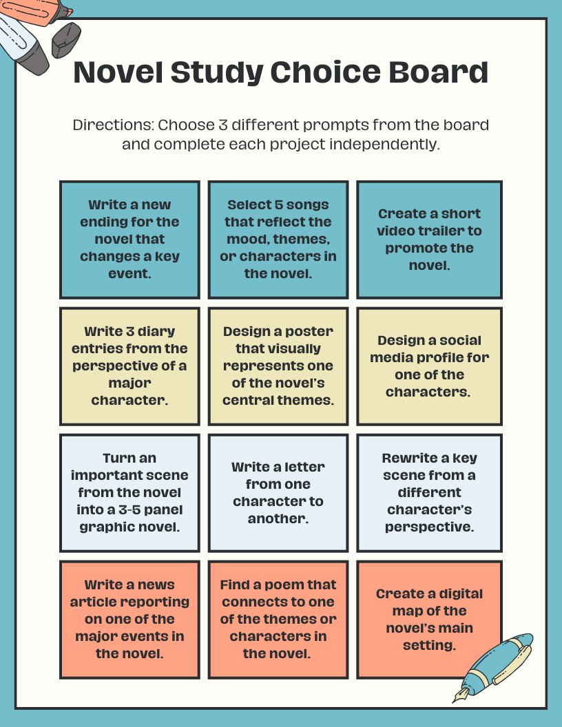 EngTeachToolBox's tweet photo. 📚✨ Spice up your novel studies with this engaging Choice Board Worksheet! Let students choose their path to deeper understanding. Available on here: https://t.co/kkd6qsMZo7 
📝 #NovelStudy #ELATeacher #CanvaTemplates https://t.co/QeLpxBiSyS