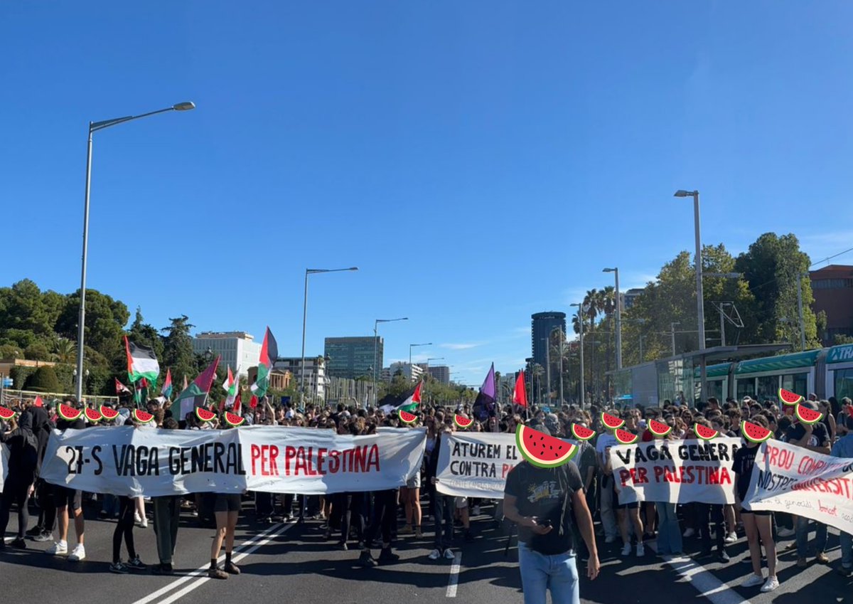 Estem tallant la Diagonal perquè avui aturem el món. 

Avui ni a la feina ni a casa, als carrers #VagaPerPalest1na

Perquè creiem amb la força del poble organitzat. No pararem, avui i sempre sortirem per posar fi a les complicitats amb Israel i per una #PalestinaLliure. 🇵🇸🇱🇧