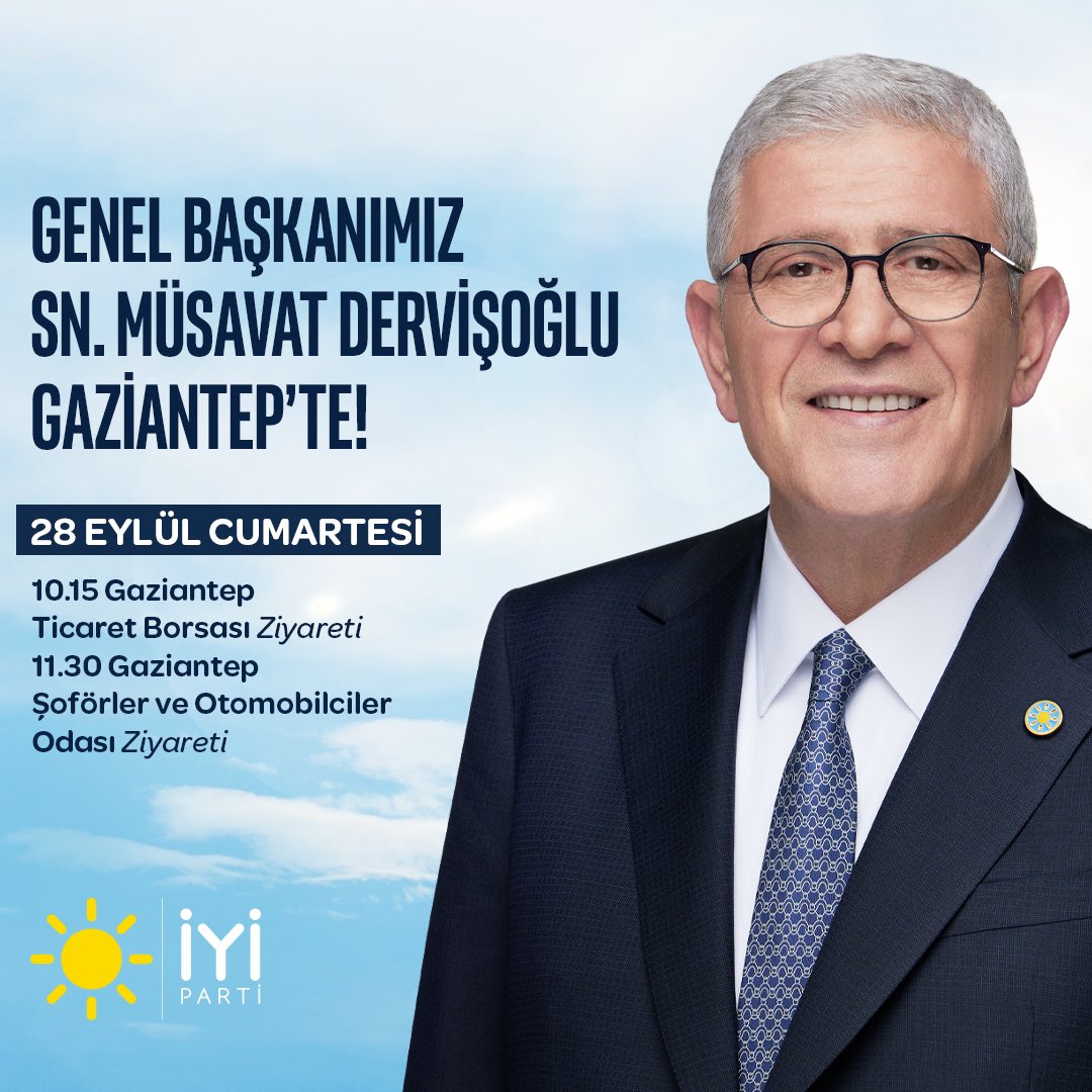 iyiparti's tweet photo. Genel Başkanımız Sayın Müsavat Dervişoğlu (@MDervisogluTR);

📍28 Eylül Cumartesi günü, Gaziantep ve Kahramanmaraş'a geliyor! https://t.co/a3JJHneWef