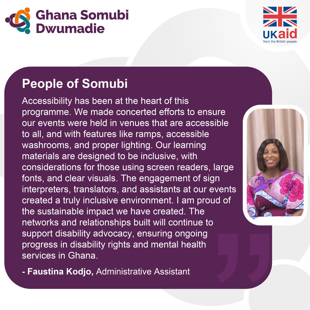 Ghana Somubi Dwumadie (@ghanasomubi) on Twitter photo Faustina shares how accessibility was an intentional part of every event of <a href="/GhanaSomubi/">Ghana Somubi Dwumadie</a>. From venues, washrooms, and lighting, through to learning materials, personal assistants and interpreters, the team ensured that no one was left behind,
#SomubiFocus #SomubiPeople Faustina shares how accessibility was an intentional part of every event of <a href="/GhanaSomubi/">Ghana Somubi Dwumadie</a>. From venues, washrooms, and lighting, through to learning materials, personal assistants and interpreters, the team ensured that no one was left behind,
#SomubiFocus #SomubiPeople