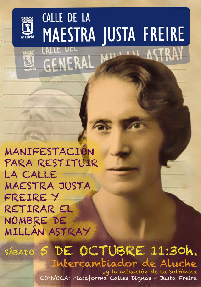 ‼️Madrid no merece calles con nombres indignos‼️

El 5 de octubre saldremos a exigir la recuperación de la #MaestraJustaFreire en el callejero y a recordar su destacada figura, víctima del régimen dictatorial.

📍 Intercambiador de Aluche
🗓️ Sábado 5 octubre | 11:30h