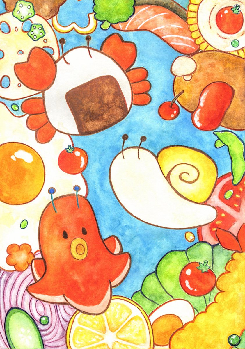 🍙　🥚　🐙

#illustration
＃イラスト
#食べ物イラスト