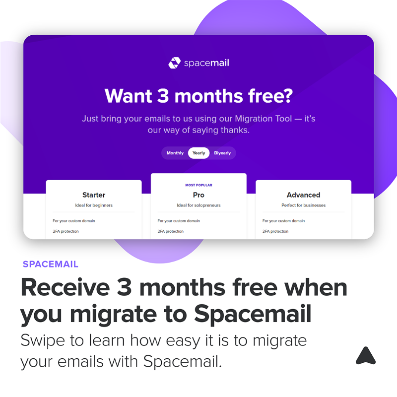 spaceship's tweet photo. 📧 Don’t miss out on 3 free months with #Spacemail! Ready to make your email more secure? Swipe through to see how easy it is to migrate.

#SpaceshipTech #EmailUpgrade