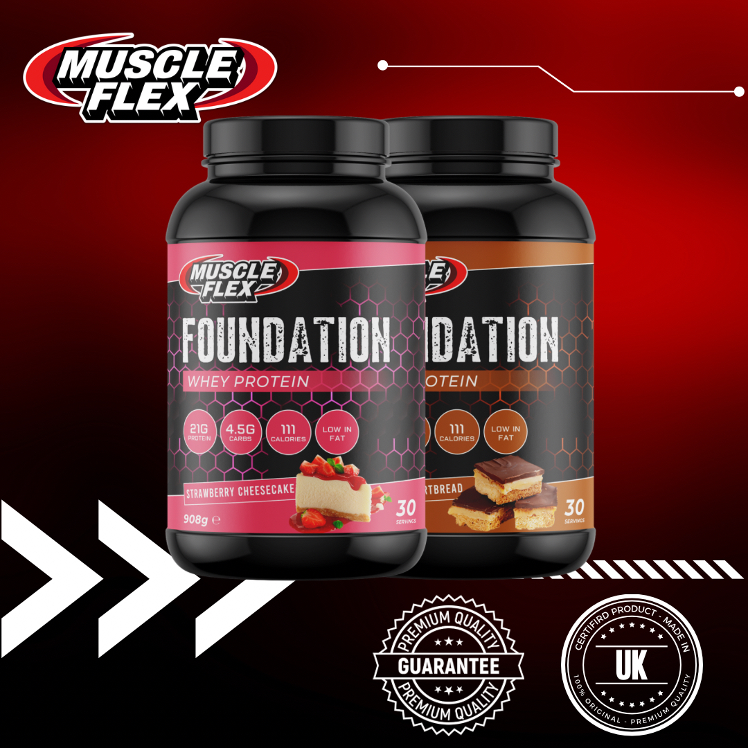 MuscleFlexuk's tweet photo. Fuel your gains with Muscle Flex Foundation Whey Protein💪  
- 21g Protein  
- Low in Fat  
- 111 Calories  
Available in delicious Strawberry Cheesecake &amp; millionaires Shortbread flavours.  

Proudly made in the UK 🇬🇧. Build your foundation now! #MuscleFlex #WheyProtein https://t.co/N5Cwbq6WHS