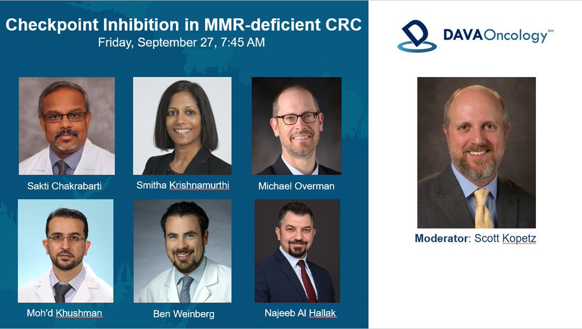 DAVA Oncology (@davaonc) on Twitter photo Starting Now: Checkpoint Inhibition in MMR-deficient CRC
Moderated by: <a href="/skopetz/">Scott Kopetz</a>
#DAVAGI Starting Now: Checkpoint Inhibition in MMR-deficient CRC
Moderated by: <a href="/skopetz/">Scott Kopetz</a>
#DAVAGI