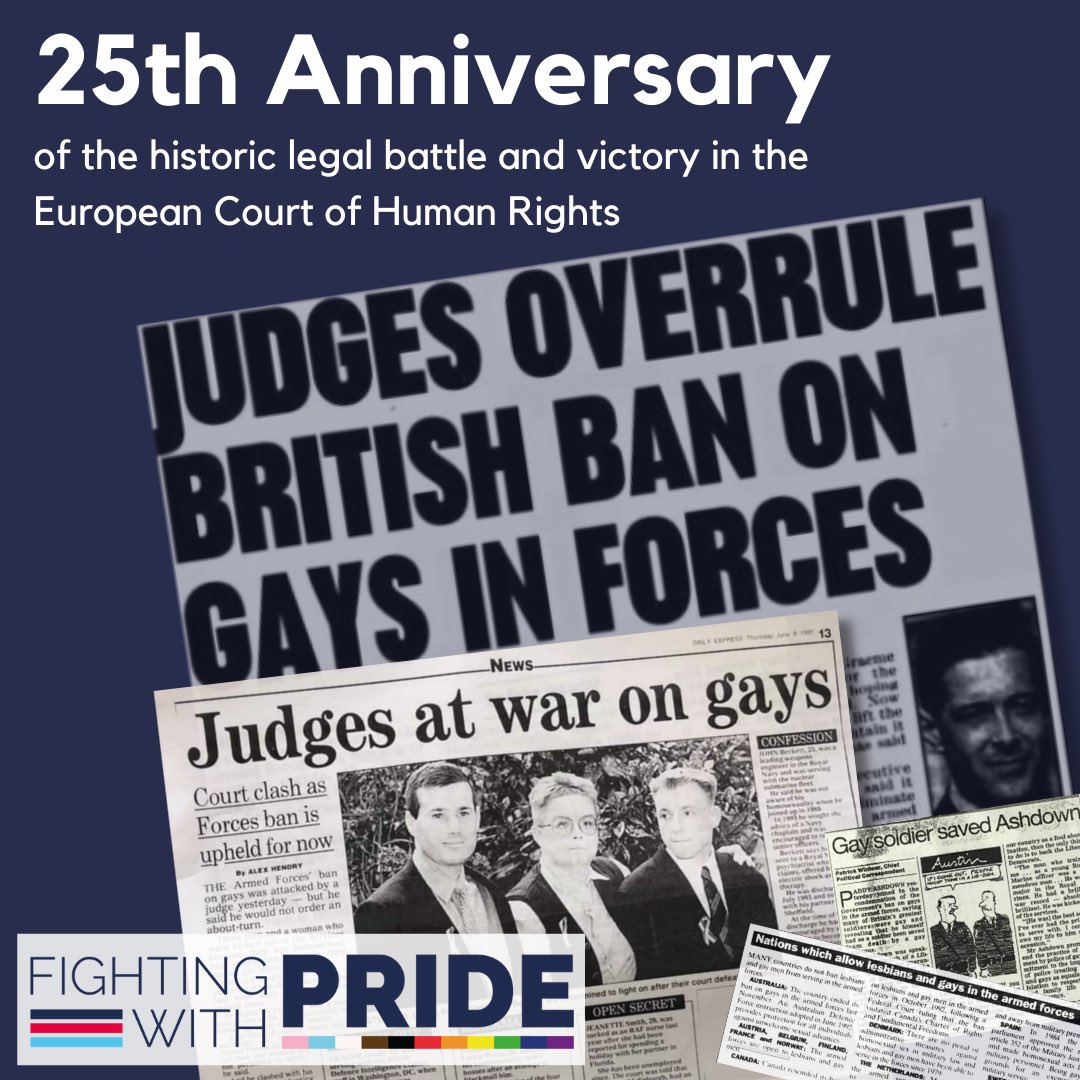 fightingwpride's tweet image. Today marks 25 years since the historic battle and subsequent victory in the ECHR finding the ban on LGBT+ people serving in the British Armed Forces illegal, changing the course of LGBT+ rights in the Armed Forces forever. 🏳️‍🌈🏳️‍⚧️