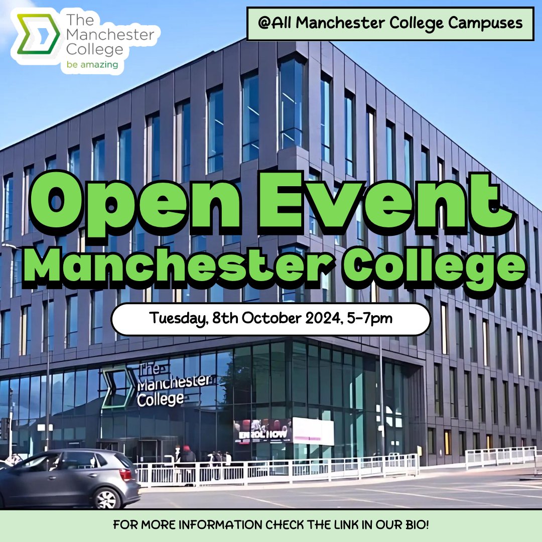 DippleDoes's tweet photo. Join Manchester College's 16 to 18 Open Event on 8 October 2024, from 5pm to 7pm, to explore their campuses and facilities.
Visits to City Campus Manchester, Openshaw, Shena Simon, Harpurhey, and Wythenshawe
For more information, check our bio! https://t.co/t7IONg9Tx0