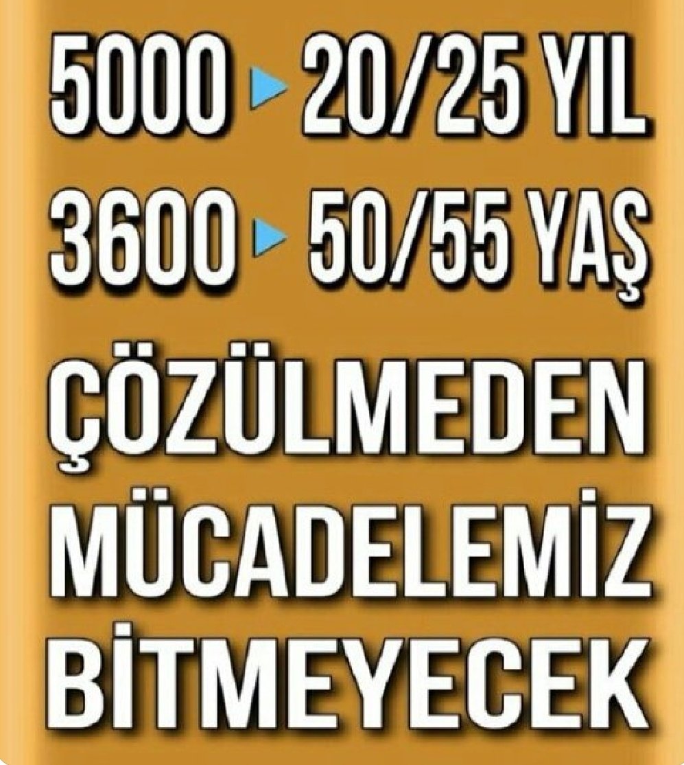 Davanın konusu HAK'tır.
Alın terinin Vebaline girmeyin.

#EYT 'ye verdiğiniz sözleri tutun.
Haklarımızı teslim edin.

5000 Prim ve Kısmi Emeklilik 
#5000veKısmiyeÇözüm
#HemenSeçimSebepGeçim
<a href="/RTErdogan/">Recep Tayyip Erdoğan</a> <a href="/isikhanvedat/">Prof. Dr. Vedat Işıkhan</a>