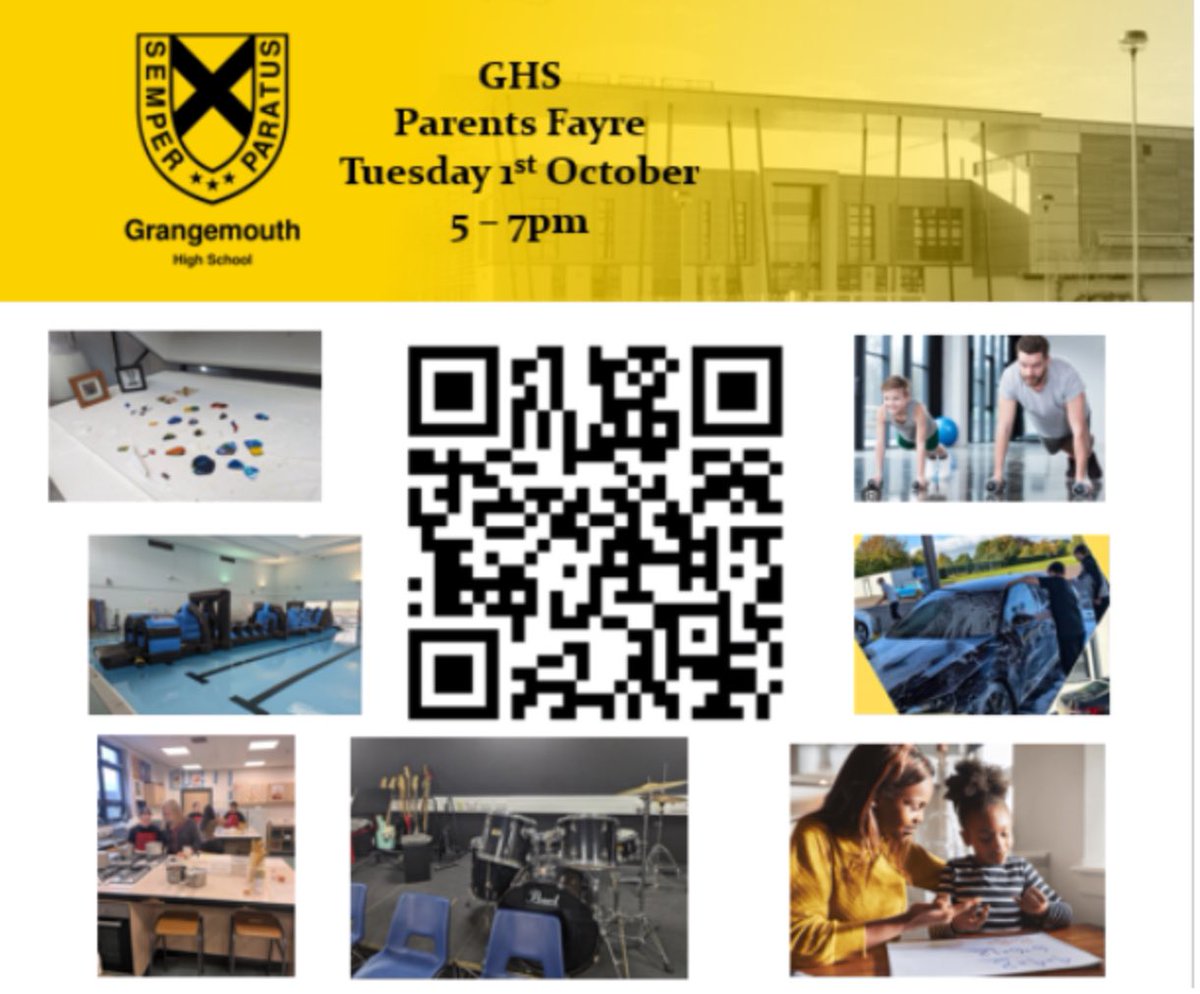 📣Calling all GHS and P7 pupils and parents 📣
Come along to our Patents Fayre on Tuesday 1st October 5-7pm.
Sign up to sessions using this link: forms.office.com/e/k2hrSLDyfE

We would love to see you there ⭐️💛🖤
