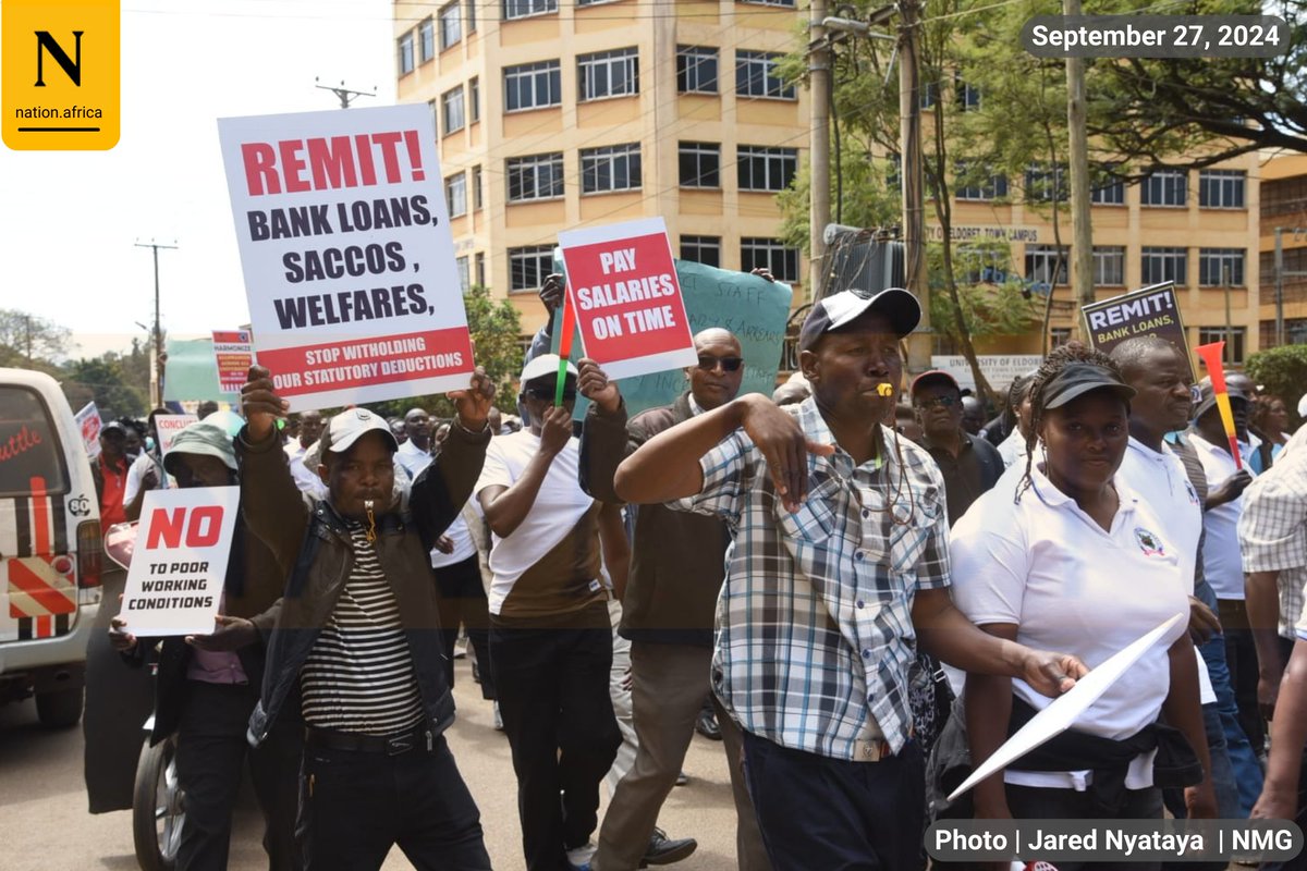 NationAfrica's tweet photo. Moi University lecturers strike and other employees demonstrate in Eldoret City. 

They are demanding full payment of their salaries and pension remittances, among other grievances.
📸 Jared Nyataya https://t.co/AMUEtz4OK5