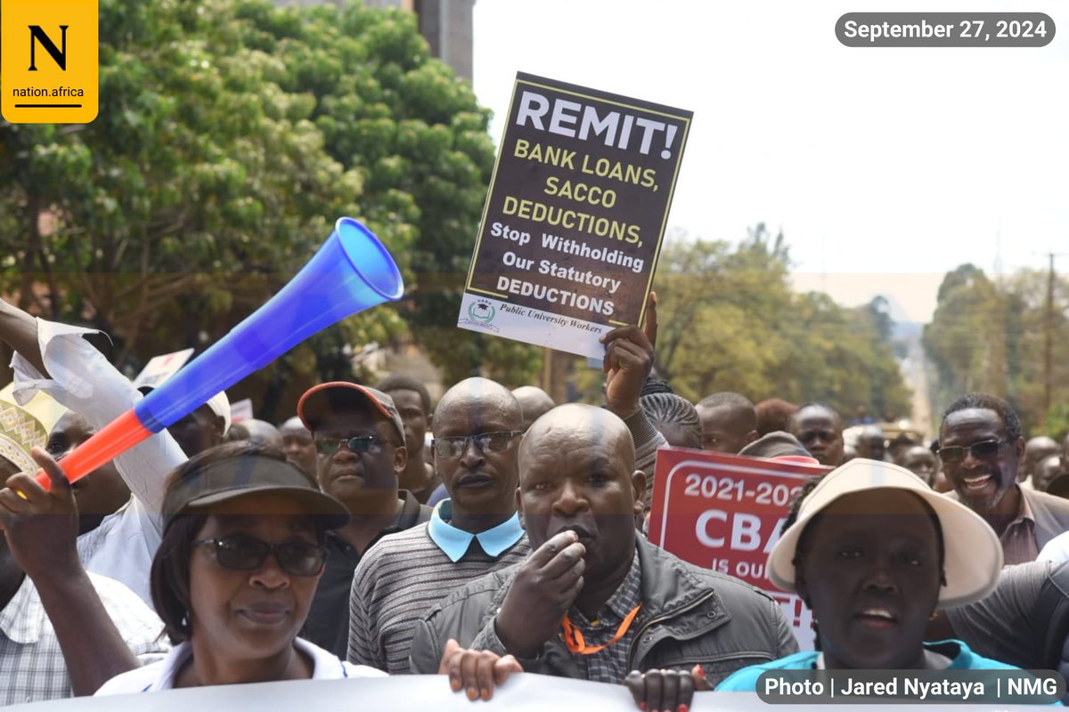 NationAfrica's tweet photo. Moi University lecturers strike and other employees demonstrate in Eldoret City. 

They are demanding full payment of their salaries and pension remittances, among other grievances.
📸 Jared Nyataya https://t.co/AMUEtz4OK5