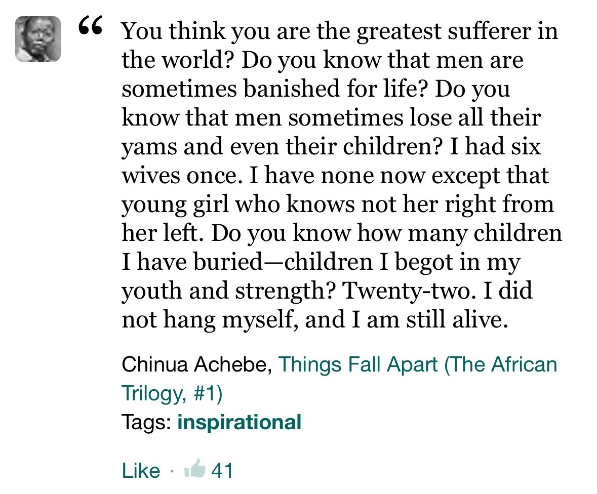 TheCharlesIsidi's tweet photo. If I ever catch the Things Fall Apart Movie, I want to hear Okonkwo’s Maternal Uncle tell him this.

The exile years were the best part of Okonkwo’s life, but I think he squandered it. https://t.co/aVPnGqr92w