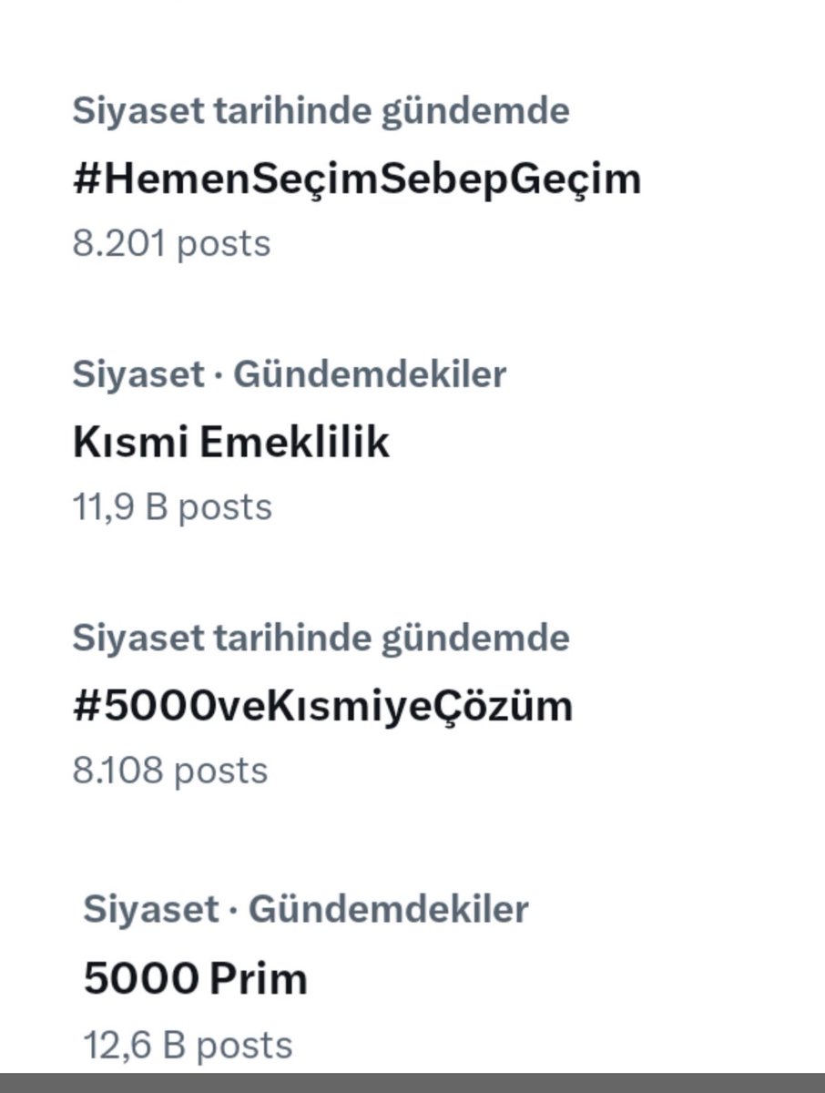 Sıralama yine mükemmel ,gündemi  belirlemeye devam ediyoruz 
Ellerinize ,emeğinize sağlık 

5000 Prim Kısmi Emeklilik 

#5000veKısmiyeÇözüm
#HemenSeçimSebepGeçim