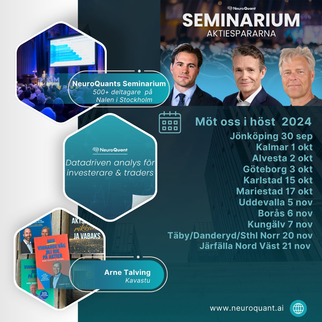 NeuroQuantNQ's tweet image. I höst turnerar NeuroQuant tillsammans med Arne &quot;Kavastu&quot; Talving och bjuder på exklusiva seminarier för Aktiespararna runt om i Sverige! 
👉 Läs mer om våra tjänster: flipsnack.com/A7795ECC5A8/va…

#Aktiespararna #NeuroQuant #Investeringar #Kavastu #Seminarium #Börsen #Finans