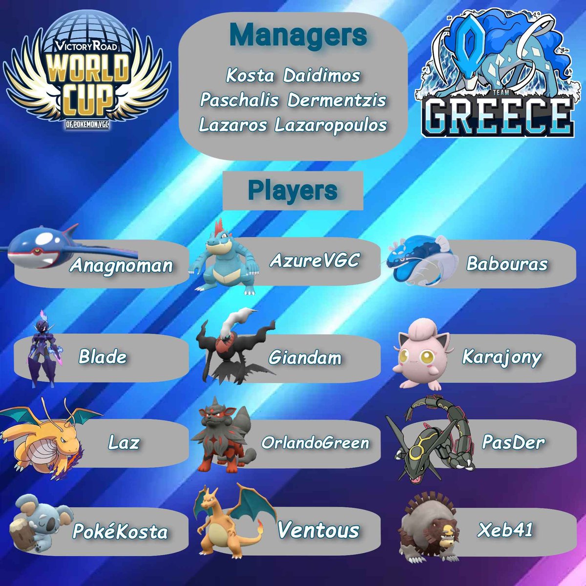 It's that time of the year, where we're back at it again for <a href="/VGCVictoryRoad/">Victory Road VGC</a> 's world cup team tournament!!

Our Greek squad's looking stronger than ever - and we'll be rooting for them throughout the journey!!

🇬🇷🇬🇷 ΠΑΜΕ ΡΕ ΠΑΛΙΚΑΡΙΑ!! ΦΑΤΕ ΤΟΥΣ!! 🇬🇷🇬🇷

#mandatoryΜολώνΛαβέ