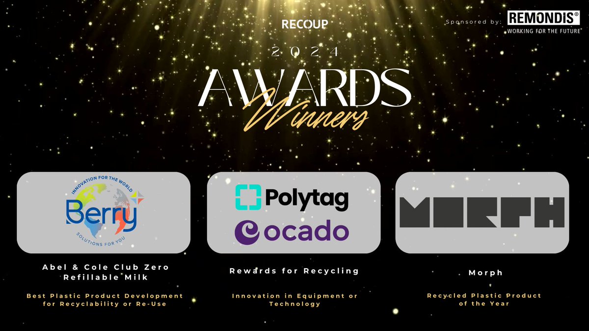 Congratulations to the winners of the 2024 RECOUP Awards!

<a href="/BerryGlobalInc/">Berry Global</a> <a href="/PolytagUk/">Polytag</a> <a href="/Ocado/">Ocado</a> <a href="/morphbricks/">MORPH®</a>

#Plastics #Circularity #PackagingDesign #WasteManagement #Sustainability

#Sustainability #Plastics
