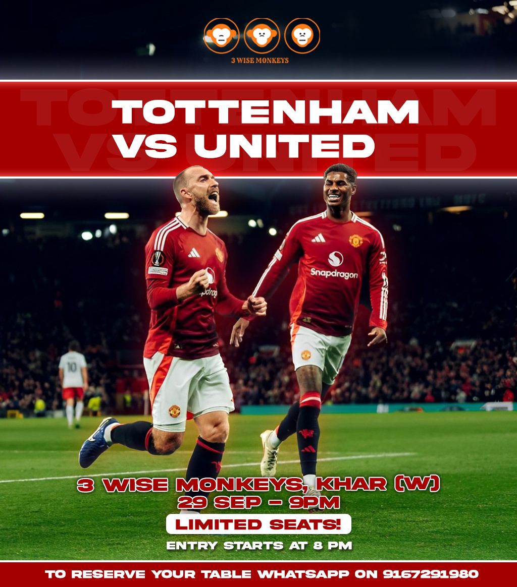 We will be screening the Tottenham game this Sunday, but seats are extremely LIMITED (only 50) as the inside section is booked for a Private Party. If you wish to reserve your table (2 or more people only) please whatsapp on 9167291980 #3wmKhar #MUFC