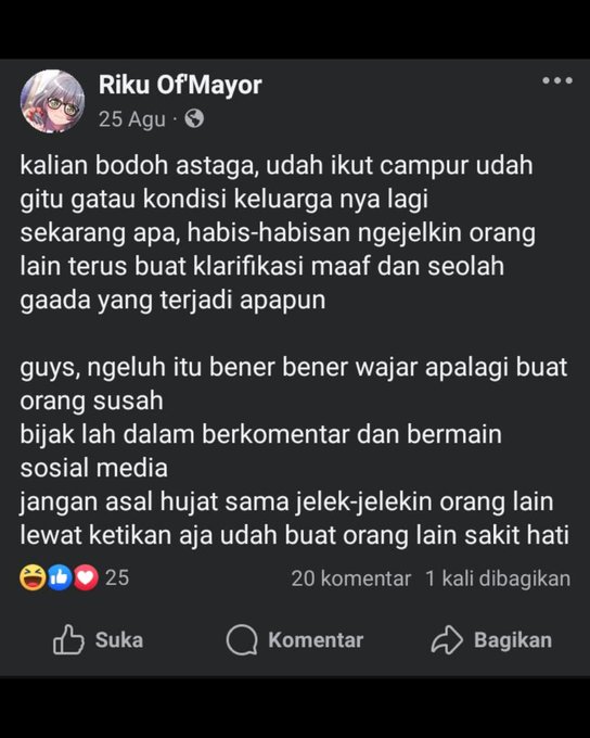 NightRogue9's tweet photo. Jangan jadi sok bijak n playing victim. Jejak digital kejam bro. Abis itu jangan langsung kabur deact akun, biar orang bisa doxxing bocah kntl kek lu
People worldwide are mourning about Sayuri's death, and some mf mocking her as bitch on FB. What a dick.
#Sayuri #RIPSayuri https://t.co/FJHk49Ufwu
