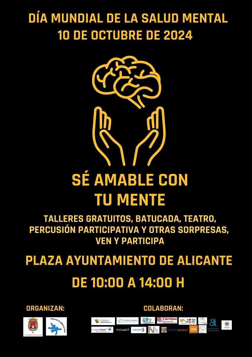 Alc_AccSocial's tweet photo. El Jueves 10 de octubre de 10 a 14h, se celebra en la plaza del Ayuntamiento  de Alicante, el DIA MUNDIAL DE LA SALUD MENTAL.
Habrá talleres varios, batucada, percusión, teatro, radio, photocall,  y muchas sorpresas.
https://t.co/2RbwwNs1cv https://t.co/Y76YFSCouW