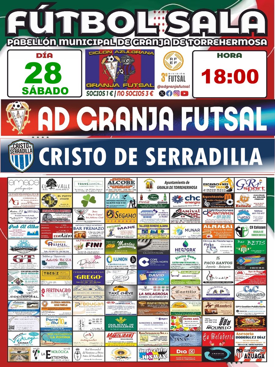 💥 Jornada 3
🗓️ Sábado 28 de Septiembre
🕖 18:00h
⚽ <a href="/adgranjafutsal/">Granja Futsal</a>  🆚 <a href="/cd_serradilla/">CD Cristo de Serradilla</a> 
📌 Pabellón Municipal Antonio Ramírez Díaz
Volvemos a casa para un auténtico partidazo.
Queremos seguir con la buena dinámica. 
¡Ven a animar al equipo y a buscar juntos la victoria!