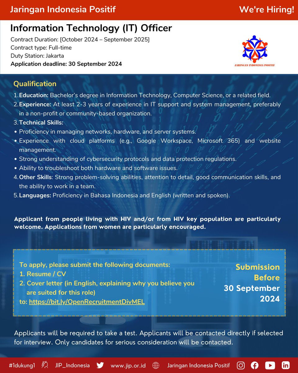 Jaringan Indonesia Positif membuka lowongan kerja untuk beberapa posisi, simak pada flyer kami dan apabila berminat silahkan mendaftar!

#jaringanindonesiapositif #focalpointjip #1dukung1 #oprec #lowongankerja #lowker #lowkerngo #lowkerjakarta