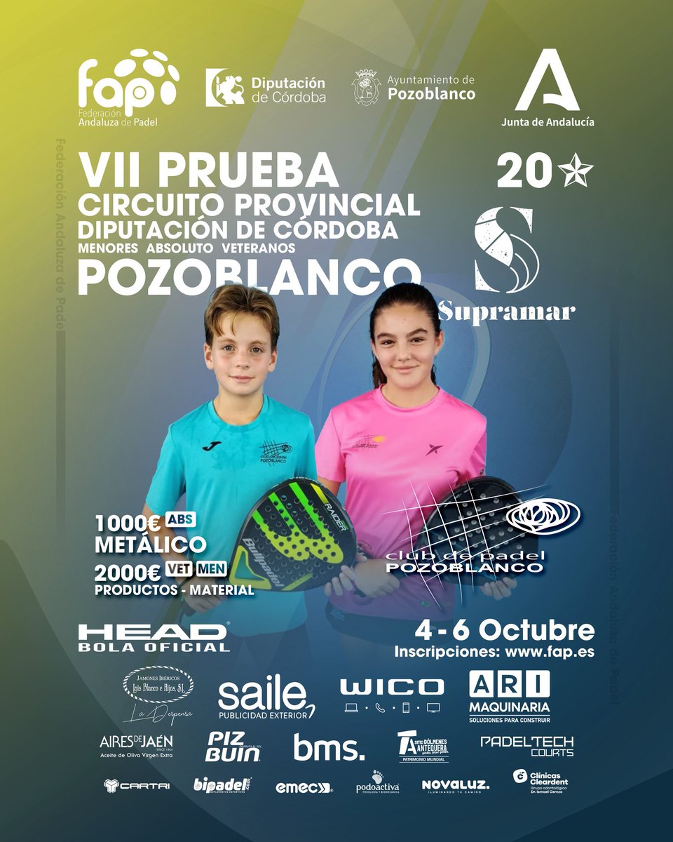 🎾 VII Prueba del Circuito Provincial de Pádel de Córdoba.

📍 Pozoblanco.
📅 Del 4 al 6 de octubre
📆 Cierre de inscripción: 1 de octubre - 14:00h 
📩 Inscripciones: fap.es 

#DeportesPozoblanco