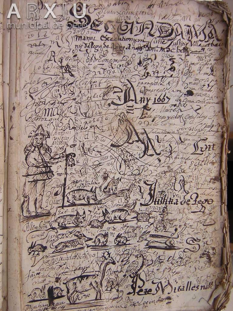 vicentbaydal's tweet photo. L'Arxiu Municipal de Pego ha donat a conéixer esta meravella: l'inici de la 2ª mà del Llibre del Justícia de 1667, que el notari Pere Miralles decorà amb gargots, provatures, paraules, números, cal·ligrafia i dibuixos: el del pastor Antoni Bolta i la fauna del terme de Pego. Meravella de fa 357 anys! 😍