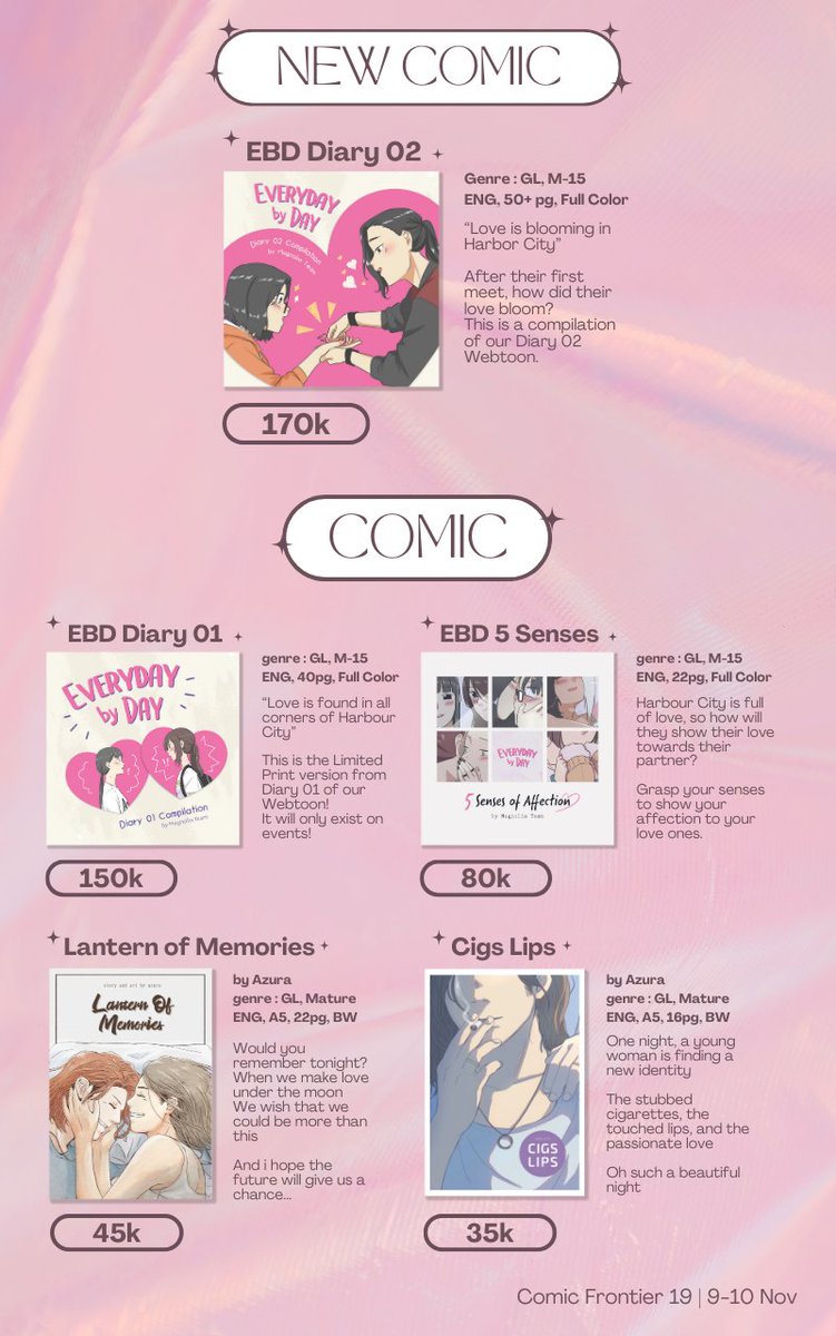magnolia_ebd's tweet photo. Hi!!! Kami Magnolia Team, author dari Everyday by Day your sweet GL Webtoon 💗 
Kembali hadir di Comifuro 19 bersama RGB Team, no booth TBA
PO bakal tutup tgl 6 Oktober. Cepetan order yuk 💕 
Order via link berikut ini https://t.co/15jM1yKTlP https://t.co/Cx4q5SUdFA